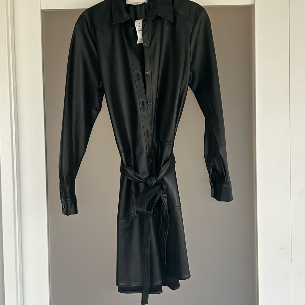 LOFT Black Faux Leather Shirt Dress - Picture 5 of 7